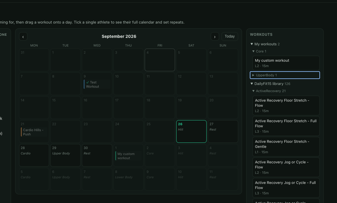 A coach's calendar: drag a workout from the library onto any day for an athlete