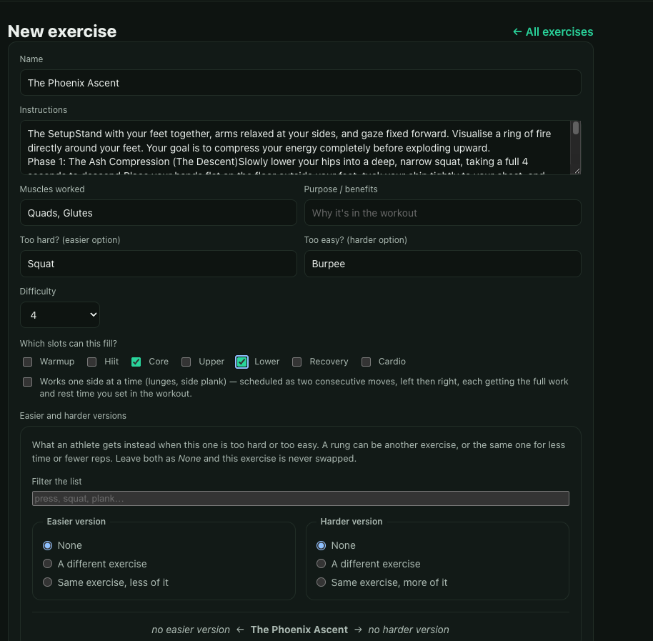 Building a custom exercise: instructions, muscles worked, easier and harder versions, and which slots it can fill