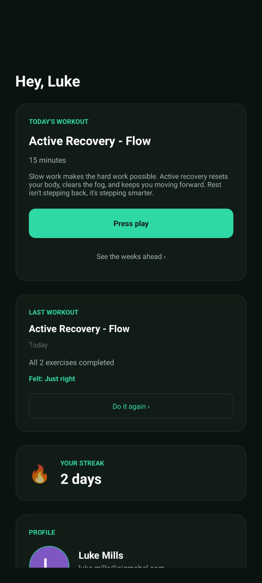 DailyFit15 showing today's workout
