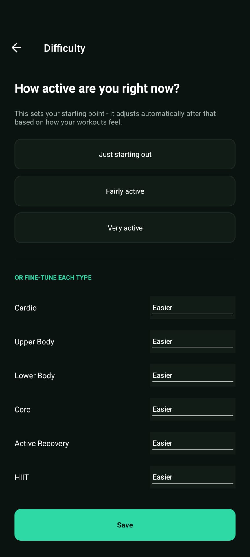 DailyFit15 difficulty settings, fine-tuned per workout type