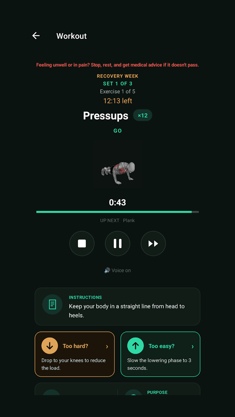 The DailyFit15 guided player mid-workout: pressups, demo animation, countdown and form cues
